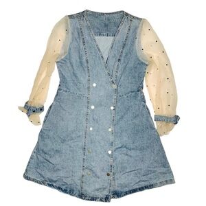Denim Dress with Mesh See through Sleeves V neck Denim Dress